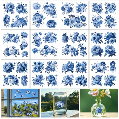 12 Sheets Blue Floral Rub on Transfers for Crafts Blue Rose Clings Window Stickers for Glass Scrapbooking Journals Planners for Home Office Decor - style: Peonies in Blue