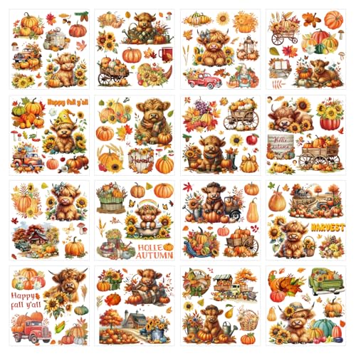 Fall Rub on Transfers for Crafts - 16 Sheets Autumn Vintage Farm Harvest Rub on Transfer Stickers for Wood, Cute Highland Cow Pumpkin Truck Maple Leaf Transfer Sticker Decals for Furniture Decoration - style: Fall Farm