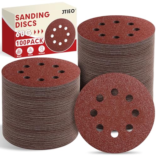 JTIEO 100PCS Sanding Discs 60 Grit, 5 Inch Orbital Sander Pads, Hook & Loop Sandpaper Pads, 8 Hole Round Sanding Discs for Random Orbital Sanders - style: 60Grit-100pcs