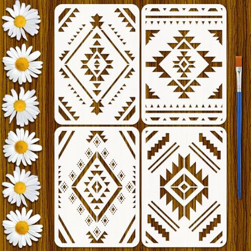 FINGERINSPIRE 4 Pcs Aztec Patterns Painting Stencil with Paintbrush 11.7x8.3inch Reusable Canvas Aztec Stencil for Crafts Geometric Boho Borders Pattern Stencils for Painting on Fabric, Wood, Walls - style: Aztec Patterns