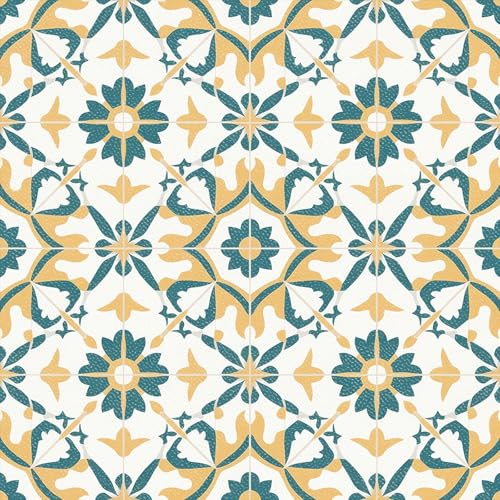 HOMETITUTE Retro Yellow Teal Floral Peel Stick Floor 12x12 Vinyl - color: Multicolor#9