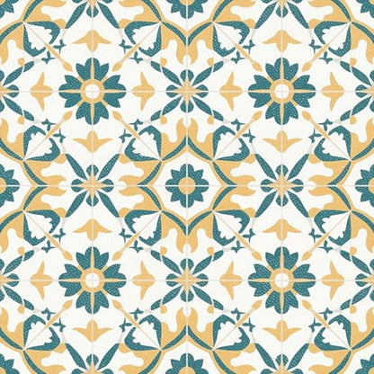 HOMETITUTE Retro Yellow Teal Floral Peel Stick Floor 12x12 Vinyl - color: Multicolor#9