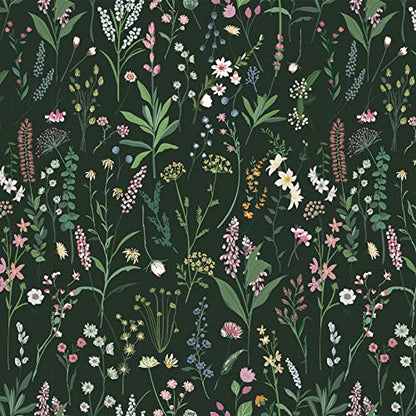 JiffDiff Dark Green Botanical Floral Peel and Stick Wallpaper 17.3" x 1181" - color: Dark Green, size: 17.3" x 1181"