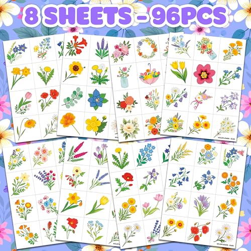 96 PCS Small Wildflower Pre-Cut Temporary Tattoos for Kids