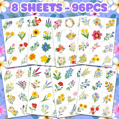 96 PCS Small Wildflower Pre-Cut Temporary Tattoos for Kids