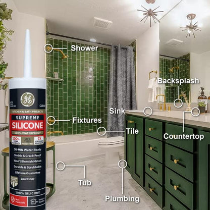 GE Supreme Silicone Caulk for Kitchen & Bath, White, 10.1 fl oz Cartridge, 1 Pack