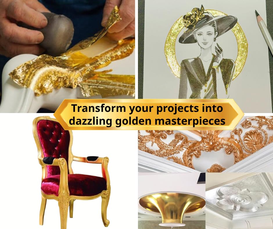 Gold Leaf Kit with Gilding Adhesive and Varnish, 100ml Water-Based Glue Sealer Set, Golden Foil Sheets for Art, Professional Metal Leafing Supplies, Furniture Painting Restoration Craft Tools
