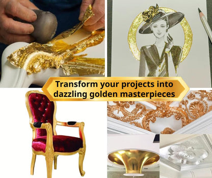 Gold Leaf Kit with Gilding Adhesive and Varnish, 100ml Water-Based Glue Sealer Set, Golden Foil Sheets for Art, Professional Metal Leafing Supplies, Furniture Painting Restoration Craft Tools