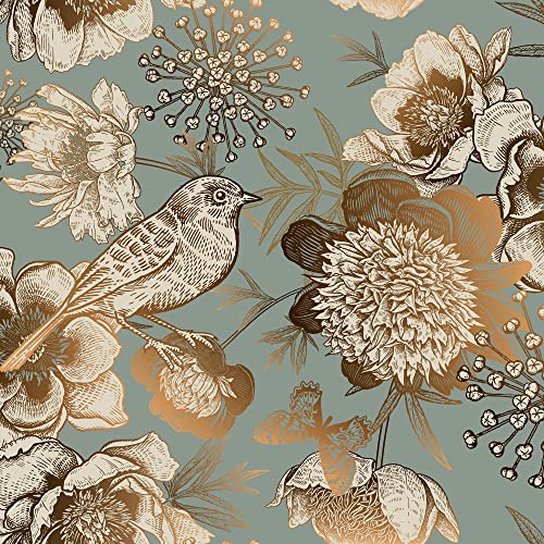 ReWallpaper Vintage Gold Floral Wallpaper Garden Bird Flower Peel and Stick Wallpaper for Bedroom Accent Wall 17.5in X 10ft Dark Cyan Teal Contact Paper for Cabinets Peel & Stick Vinyl Wall Paper - color: Gold and Blue, size: 17.5in X 10ft