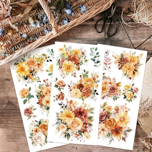 OLYCRAFT 3 Sheets/Set Sunset Rose Rub on Transfers for Furniture and Craft 6x12 Inch Dahlias Furniture Decal Transfer Stickers Rub on Decal with 1pc Scraper for Wooden Furniture Home Decorations - style: Sunset Rose