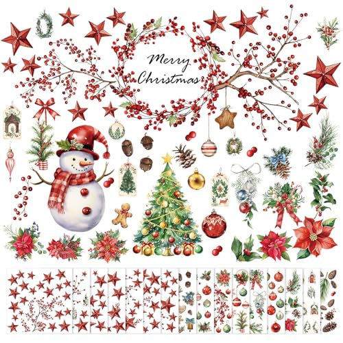 SATINIOR 16 Sheet Merry Christmas Rub on Transfer Sticker for Craft Xmas Tree Snowman Red Berry Poinsettia Star Gingerbread Rub on Decal for Furniture Scrapbook DIY Wood Fabric Envelope 5.9 x 5.9 Inch - style: Fresh Style
