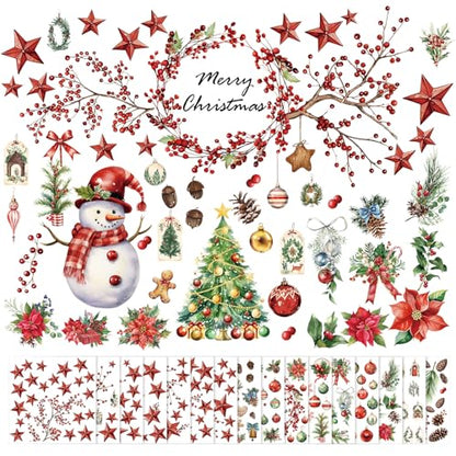 SATINIOR 16 Sheet Merry Christmas Rub on Transfer Sticker for Craft Xmas Tree Snowman Red Berry Poinsettia Star Gingerbread Rub on Decal for Furniture Scrapbook DIY Wood Fabric Envelope 5.9 x 5.9 Inch - style: Fresh Style