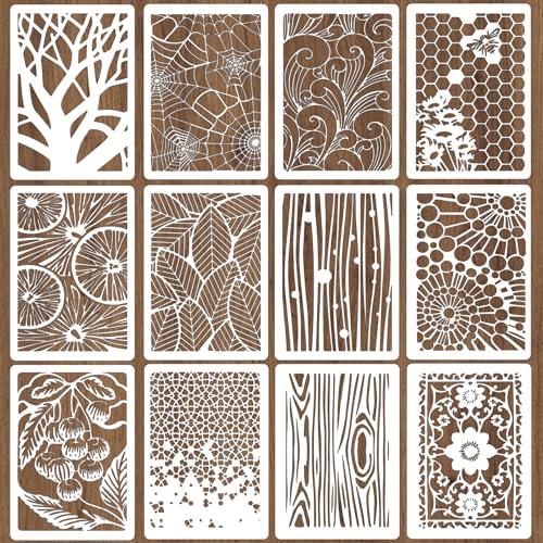 12Pcs 12 Styles Mixed Media Stencils Wall Texture Templates 12 x 8 Inch Trees Flowers Leaves Geometric Pattern Reusable PET Plastic Hollow Out Drawing Stencil for Wood Wall DIY Art Crafts - color: Mixed Shapes