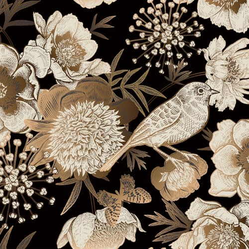 Floral & Birds Peel and Stick Wallpaper Antique Gold Black Self Adhesive Removable Floral Wallpaper for Bedroom Renter Friendly Floral Contact Paper for Bedroom Bathroom Walls Shelf Liner 17.7"x118.1" - color: Black/Gold/brown, size: 17.7" x 118.1"