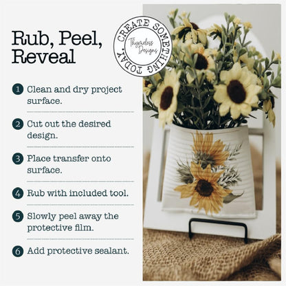 Rub on Transfers for Crafts and Furniture | 3 Design Sheets 6”x 12” | Home Decor Transfers | Furniture and Craft Decals | by Thymeless Designs (A Pocketful of Sunflowers) - style: A Pocketful of Sunflowers