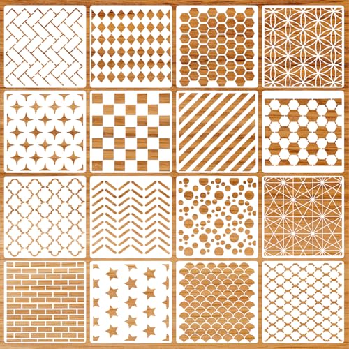 Xindojuz 16Pcs Geometric Stencils for Crafts Reusable, Plastic Texture Planner Stencils Layering Stencil for Painting on Wood, Wall, Furniture, Scrapbooking Fabrics Decor DIY Supplies (6x6 Inch)