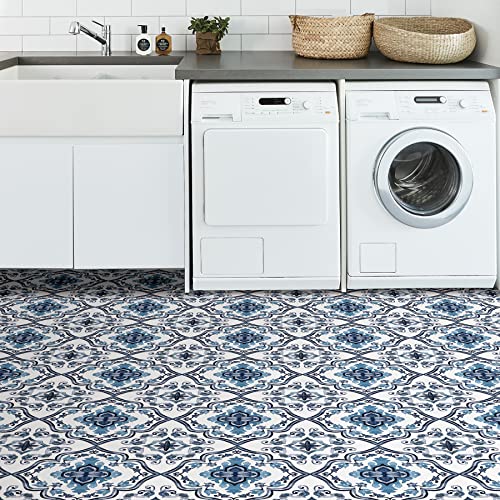 FloorPops Marrakesh Peel and Stick Floor Tiles, Blue, Floral Vinyl Floor Tiles, Water Resistant, 12 in x 12 in, Pack of 10 - size: 12"L x 12"W x 0.06"T