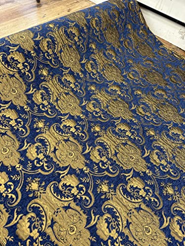 Damask, Chenille,Upholstery,Drapery Fabric, Sold By the Yard 58" Wide (Blue/Gold) - color: Blue/Gold