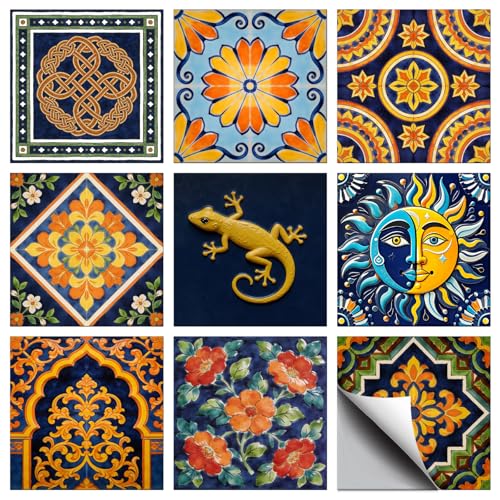 72 Pcs 9 Style Spanish Motifs Style Peel and Stick Wall Tile Sticker Retro Pattern Wall Stickers Waterproof Self Adhesive Stick on Tile Decals for Kitchen Bathroom Art Decor, 4×4 Inch - style: Spanish Motifs