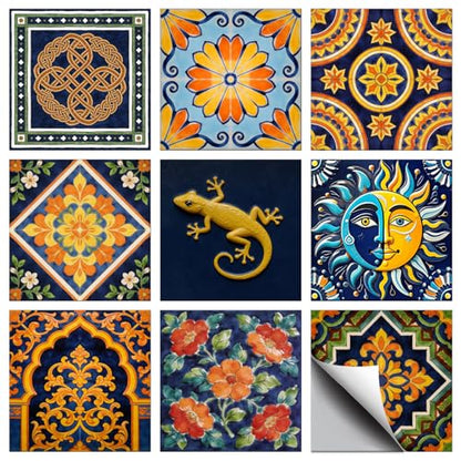 72 Pcs 9 Style Spanish Motifs Style Peel and Stick Wall Tile Sticker Retro Pattern Wall Stickers Waterproof Self Adhesive Stick on Tile Decals for Kitchen Bathroom Art Decor, 4×4 Inch - style: Spanish Motifs