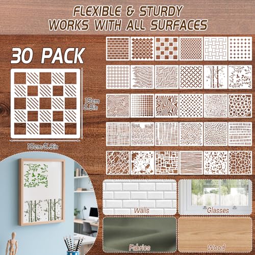 30pcs Texture Stencils for Crafts, Reusable Mixed Media Geometric Brick Cubist Leopard Wood Grain Stencil Layering Stencils for Painting on Wood Wall DIY Background Furniture Card Canvas 6x6in