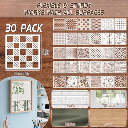 30pcs Texture Stencils for Crafts, Reusable Mixed Media Geometric Brick Cubist Leopard Wood Grain Stencil Layering Stencils for Painting on Wood Wall DIY Background Furniture Card Canvas 6x6in