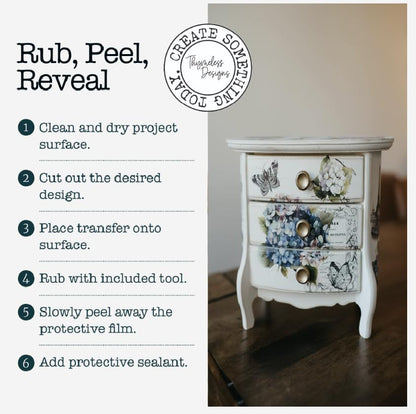 Rub on Transfers for Crafts and Furniture | 3 Design Sheets 6”x 12” | Home Decor Transfers | Furniture and Craft Decals | by Thymeless Designs (Blooming Hydrangeas) - style: Blooming Hydrangeas