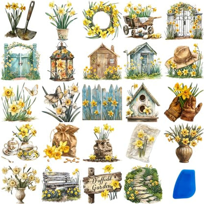 ZMRU 24 Sheets of Watercolor Style Rub on Transfers for Crafts - Perfect for Glass, Porcelain, Leather, Canvas, and Fabric Projects - IOD Transfers Included,3 * 3inch (Yellow Daffodil) - style: Yellow Daffodil