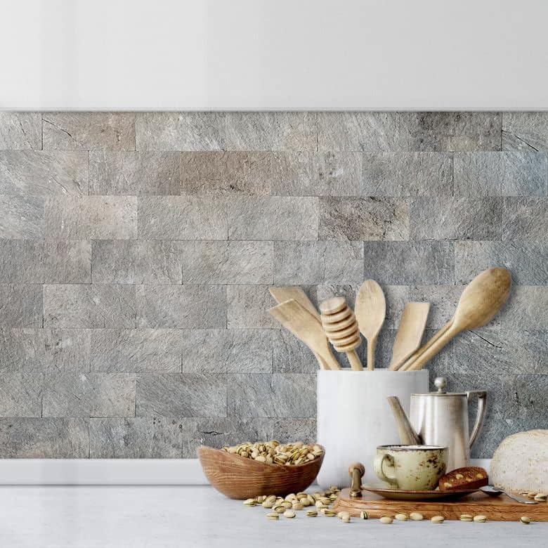 AULIGET 100 Piece Mountain Rock Peel and Stick Backsplash Wall Tiles, 3" x 6" PVC Faux Stone Stick on Tiles for Backsplash Kitchen, Bathroom, Laundry Room, Camper, Fireplace - color: Mountain Rock