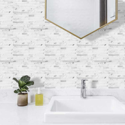 AULIGET Faux White Stone Peel and Stick Backsplash, 2 PVC Mixed Metal Wall Tiles Stick on Backsplash - color: Marble White + Metal Silver, size: 2 Sheets, 6"x12"x0.12"