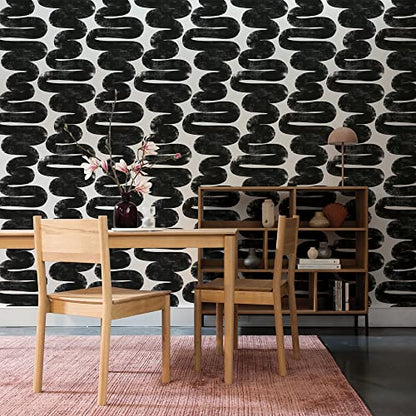 Tempaper x Bobby Berk White & Black Wiggle Room Removable Peel and Stick Wallpaper, 20.5 in X 33 ft, Made in The USA - color: White/Black, size: 20.5" x 396"