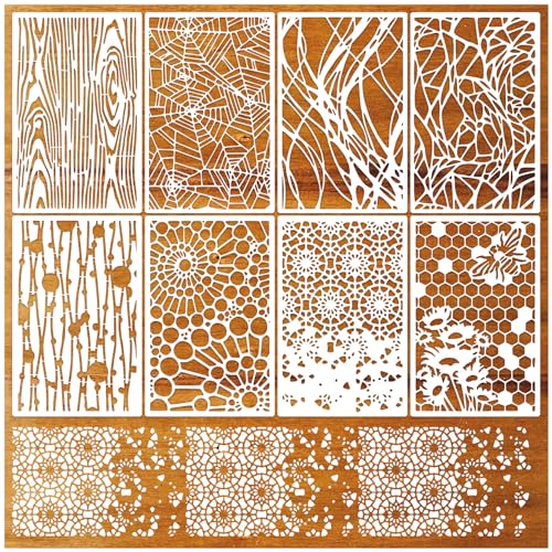 8 Pieces Stencils for Crafts Reusable Texture Spider Stencils Net Wood Grain Stone Spray Paint Layering Stencil Templates for DIY Scrapbook - style: 3