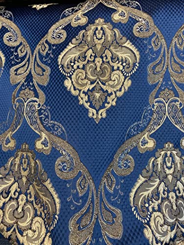 54'' Renaissance Jacquard Drapery Upholstery Damask Stripe Diamond Fabric | Sold by The Yard (Damask Midnight) (Renaissance001) - color: Damask Midnight