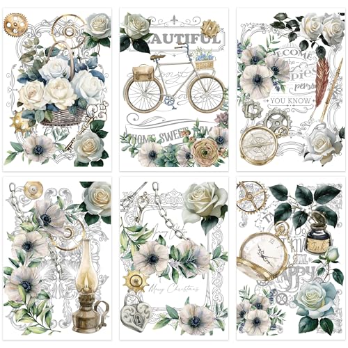 6 Pcs Large Vintage White Floral Rub-On Transfers for Furniture & Crafts - style: Vintage White Floral