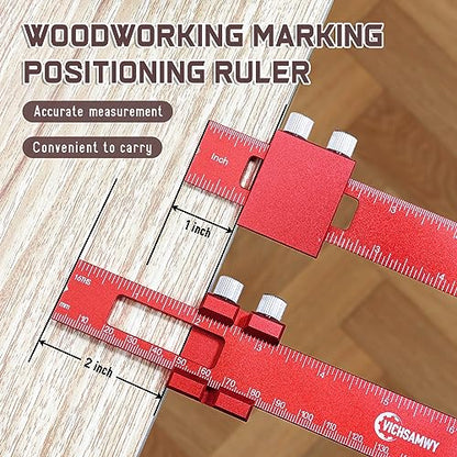 Precision Metal Slide Stop Scribing Ruler - 12, 8 & 6 Inch, Adjustable Measuring & Marking for Woodworking - color: Red