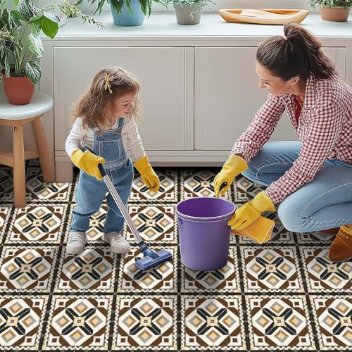 HOMETITUTE Rustic Geometric Brown Beige Peel Stick Floor 12x12 Vinyl - color: Brown, Beige