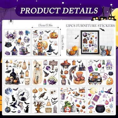 Halloween Rub on Transfers for Crafts and Furniture - Wxiben 12 Sheets Ghost Pumpkin Rub on Transfers for Furniture Halloween Skull Rub on Transfer Stickers Decals for Wood DIY Craft Office Home Decor - style: Halloween