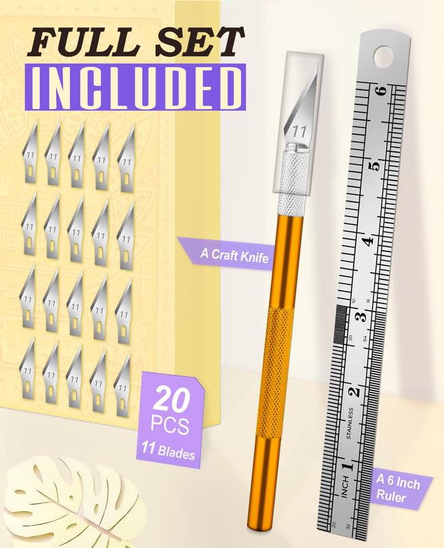 DIYSELF Hobby Knife Kit with 20#11 Blades, Aluminum Handle, 6-Inch Ruler - color: Gold-20pcs