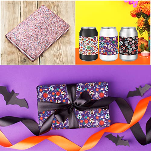 AnyDesign 12Pcs Day of The Dead Halloween Faux Leather Sheets Sugar Skull Skeleton Floral Printed Leather Fabric Sheets Glitter Synthetic Leather for Halloween DIY Craft Earring Hair Bow, 8 x 12