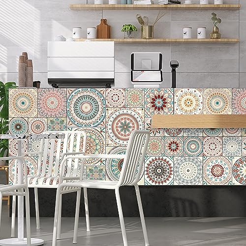 Easy Peel Stick Vinyl DIY wall Tile Decals Stick on backsplash,28pcs - color: Diy Mandala Floral