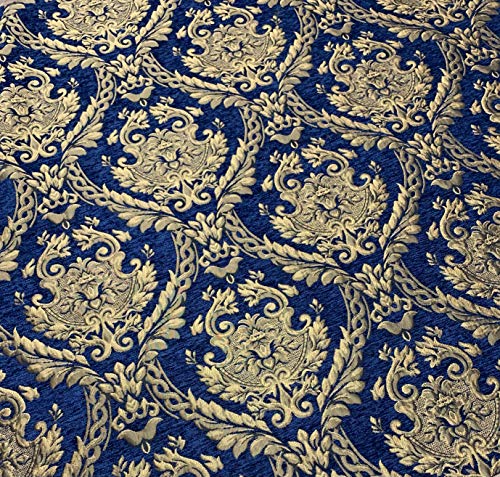 Damask Tapestry Chenille Fabric - Upholstery Fabric, 60" Width - Sold by The Yard (Dark Blue/Gold) - color: Dark Blue/Gold