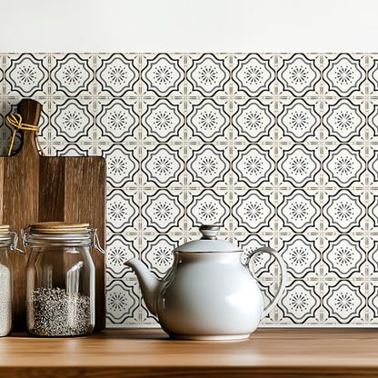 30 Count Moroccan Tile Decals 4 in – Self Adhesive Vinyl Wall Stickers, Waterproof Peel & Stick for Kitchen Backsplash, Bathroom, Stair Tread Accent, Neutral Tan/Black (Black) - color: Black