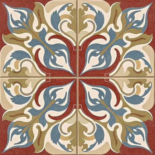 HOMETITUTE Red Base Scroll Floral Peel and Stick Tile Art Deco,12"x12" - color: Multicolor#12