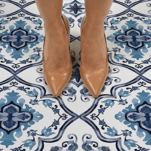 FloorPops Marrakesh Peel and Stick Floor Tiles, Blue, Floral Vinyl Floor Tiles, Water Resistant, 12 in x 12 in, Pack of 10 - size: 12"L x 12"W x 0.06"T