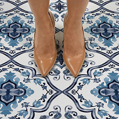 FloorPops Marrakesh Peel and Stick Floor Tiles, Blue, Floral Vinyl Floor Tiles, Water Resistant, 12 in x 12 in, Pack of 10 - size: 12"L x 12"W x 0.06"T