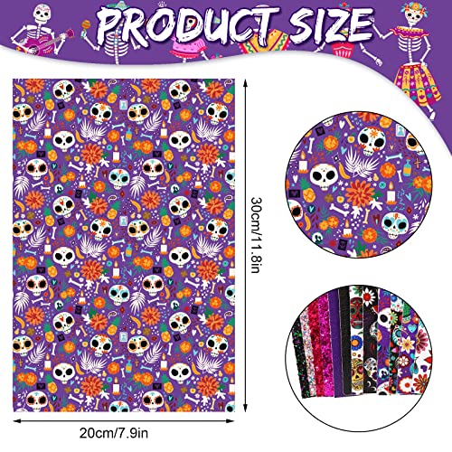 AnyDesign 12Pcs Day of The Dead Halloween Faux Leather Sheets Sugar Skull Skeleton Floral Printed Leather Fabric Sheets Glitter Synthetic Leather for Halloween DIY Craft Earring Hair Bow, 8 x 12