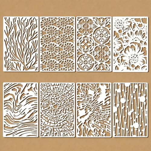 8 Pcs Mixed Media Stencils Painting Reusable 7×11 Inch Wood Grains Flower Texture Stencils for Crafts Plastic Geometric Layering Stencil Drawing Templates for DIY Wall Canvas Knit Card Wood - color: Style B
