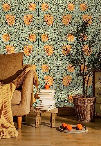 HAOKHOME William Morris Style Peel and Stick Wallpaper Art Deco Wall Paper - color: Green/Yellow/Black, size: S: 17.3in x 9.8ft