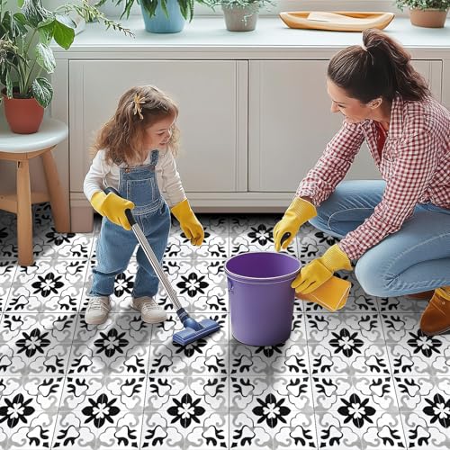 HOMETITUTE Black White Retro Peel Stick Vinyl Floor Tile 12x12 Inch - style: Black and Gray Vintage Floral