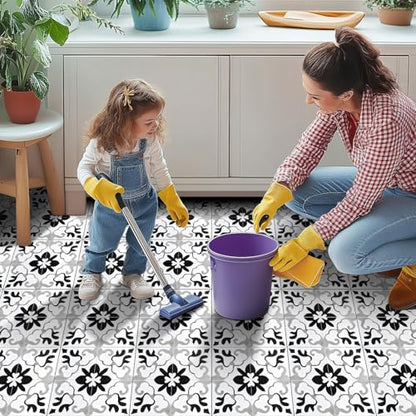 HOMETITUTE Black White Retro Peel Stick Vinyl Floor Tile 12x12 Inch - style: Black and Gray Vintage Floral